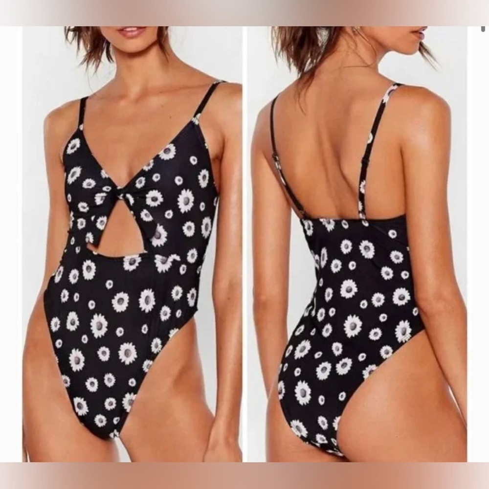 NWT Nasty Gal Recycled Daisy Print Tie Front High Thigh Swimsuit Size US 6 - Picture 2 of 10